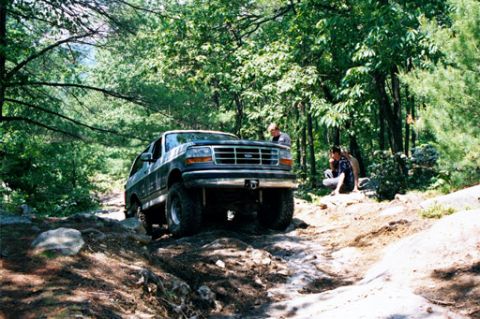 1995 Ford Bronco - This 1995 Ford Bronco navigates a challenging off-road path through a forest.