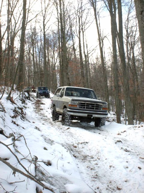 1995 Ford Bronco - A silver Ford Bronco navigates a snowy forest trail with other vehicles behind it.