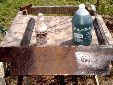 1984 Ford Bronco - comapring "Restore" to "Ospho" on rusty plate of metal, 24 hr's after applic.