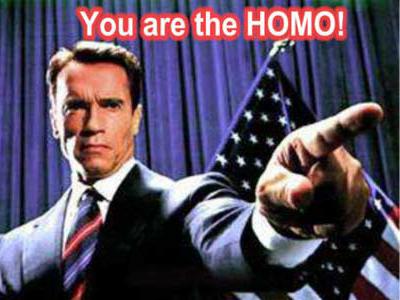 1968 Ford Mustang - Arnold Schwarzenegger points directly at the viewer with an American flag in the background and text overlay.