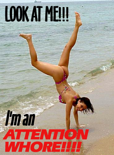 1968 Ford Mustang - A person in a pink bikini doing a handstand on a beach at the water's edge, with meme text reading 'LOOK AT ME!!! I'm an ATTENTION WHORE!!!…