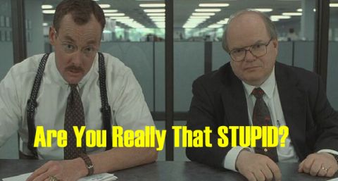 1968 Ford Mustang - A scene from an office environment where two men are seated at a table, with a provocative question displayed as text.