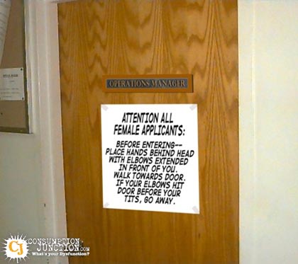1968 Ford Mustang - Photograph of a humorous printed sign on an office door, not a technical document.