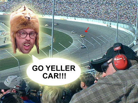 1968 Ford Mustang - A fan cutout yells 'GO YELLER CAR!!!' at a NASCAR race.