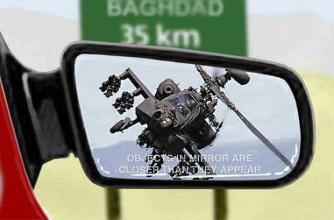 1968 Ford Mustang - A side mirror on a red car reflects an approaching military attack helicopter, with a green road sign reading 'BAGHDAD 35 km' visible in th…