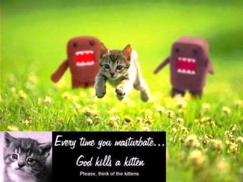 1968 Ford Mustang - A kitten leaps through a field of grass, accompanied by two Domo-kun figures, with a message about kittens.