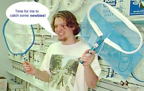 1968 Ford Mustang - A man stands in a store aisle, holding two pool skimmers and smiling. A speech bubble above him reads "Time for me to catch some newbies!"