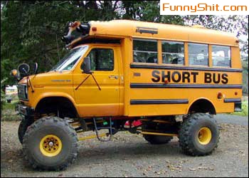 1968 Ford Mustang - A yellow short bus has been modified with a monster truck chassis and oversized wheels.