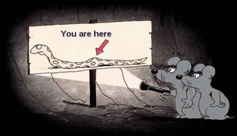 1968 Ford Mustang - Mice examine a humorous sign indicating their location on a cartoon snake.