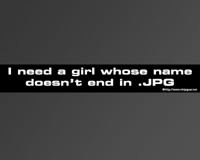 1968 Ford Mustang - A bumper sticker with a humorous message about file extensions and relationships is displayed on a dark background.