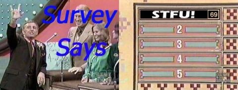 1968 Ford Mustang - A game show scene with text overlays 'Survey Says' and 'STFU! 69'.