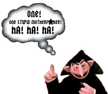 1968 Ford Mustang - The Count from Sesame Street expresses amusement with a thought bubble containing text and laughter.