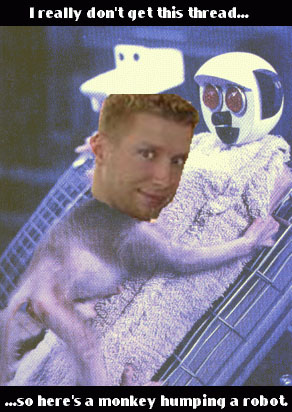 1968 Ford Mustang - A humorous image with a man's head superimposed on a monkey, interacting with a robot in a shopping cart.