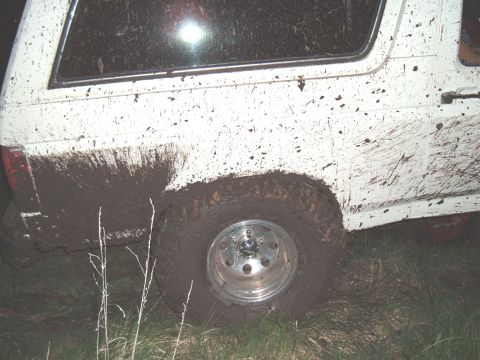 1989 Ford Bronco - This vehicle appears to be stuck in a muddy off-road situation.