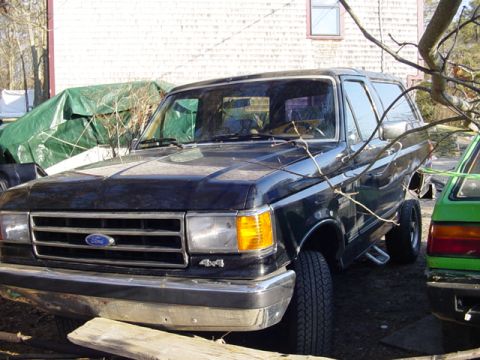 1989 Ford Bronco - A black Ford Bronco from the late 1980s is seen parked in a yard.