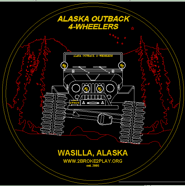 Alaska Outback 4-Wheelers round decal art with line-art 4x4, spruce trees, Wasilla Alaska