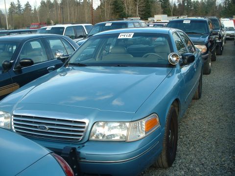 1999 Ford Crown Victoria - A blue 1999 Ford Crown Victoria is parked in a lot with other vehicles, a spotlight on the driver's side mirror.