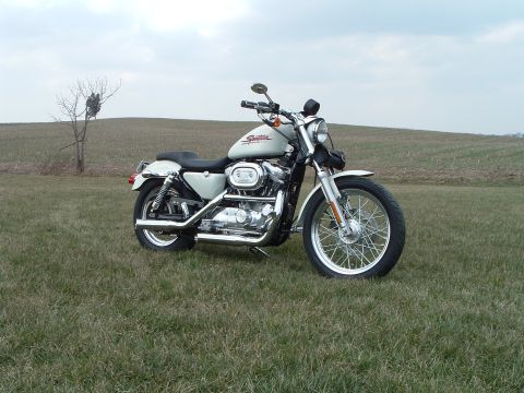 1995 Mercury Grand Marquis - Harley-Davidson Sportster motorcycle sits in a grassy field under an overcast sky.