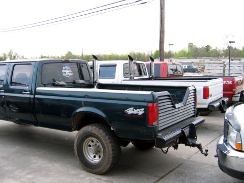2000 Ford Crown Victoria - Multiple Ford trucks are lined up, with the closest one being a dark green crew cab model.