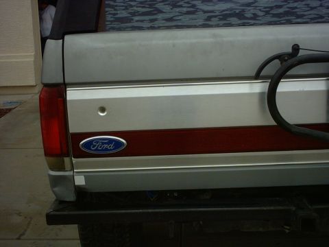 1990 Ford Bronco - Rear view of a 1990 Ford Bronco showing the tailgate with Ford emblem and stripe.