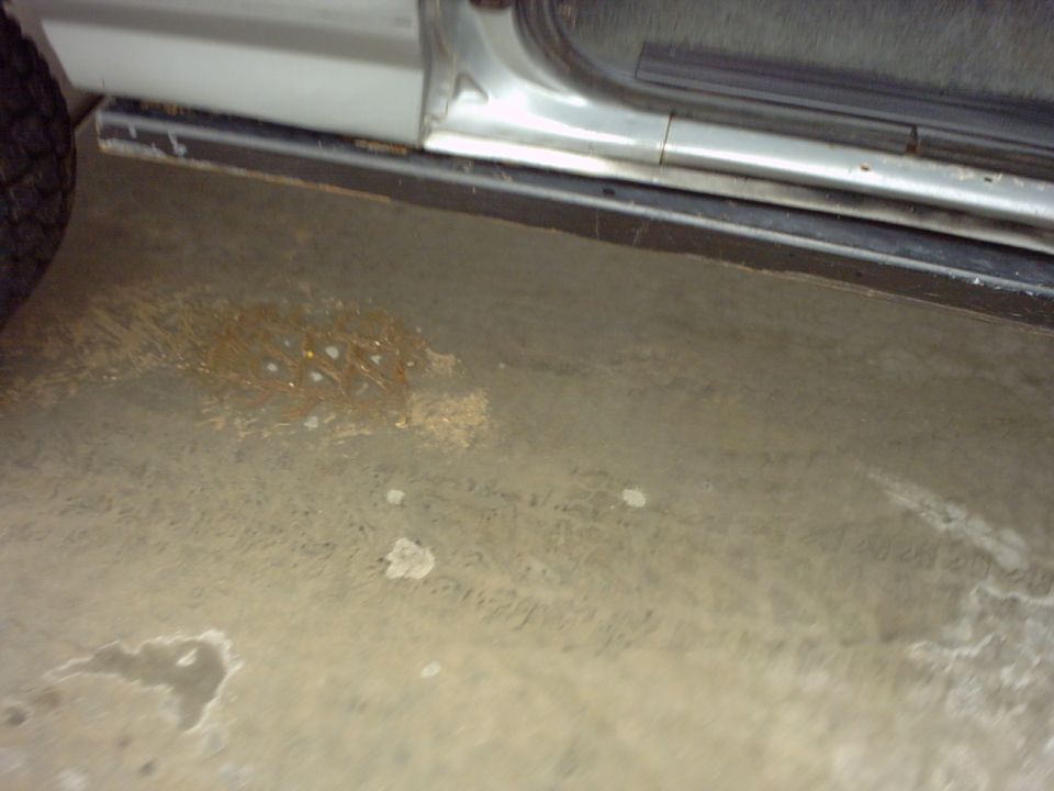 Close-up of a vehicle's silver door sill and black trim, with a tire visible on the left. Floor shows stains