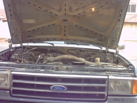 1990 Ford Bronco - The engine bay of a 1990 Ford Bronco is visible with the hood raised, revealing the engine and front grille.