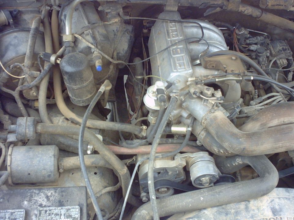 Engine bay of a Ford vehicle, showing the V8 engine, intake manifold, and various hoses and components. Supermotors.net logo visible