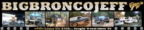 1993 Ford Bronco - Mud-splattered 1993 Ford Bronco navigating an off-road trail.