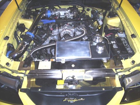 2002 Ford Mustang - Canton Racing aluminum coolant tank installed.
