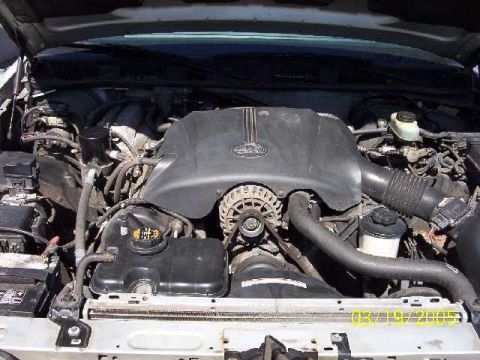 1999 Ford Crown Victoria - The engine bay of a car is shown, with the hood open, revealing the engine components and a date stamp.
