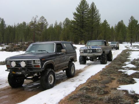 1985 Ford Bronco - Two lifted 4x4s, a Ford Bronco and a Ford F-Series truck, travel a snowy path through a forest.