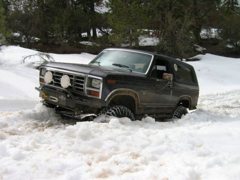 1985 Ford Bronco - Ford Bronco struggling in a snowy, wooded area.