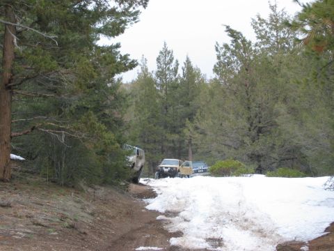 1985 Ford Bronco - Multiple off-road vehicles navigate a snowy path through a dense forest.