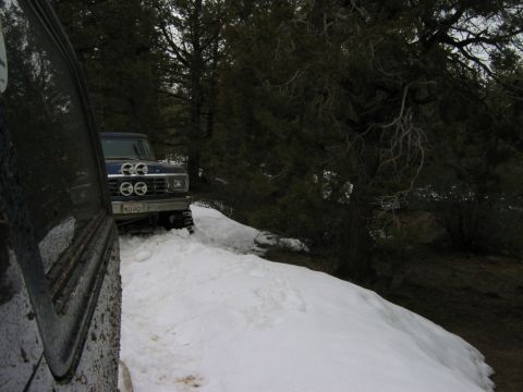 1985 Ford Bronco - Blue truck navigates a snowy path with auxiliary lights illuminating the way.