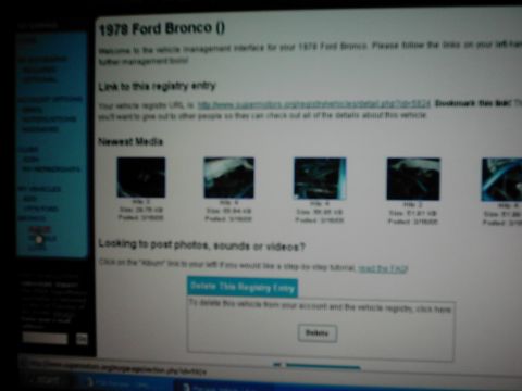 1978 Ford Bronco - Registry website for a 1978 Ford Bronco, showing media thumbnails and management options.