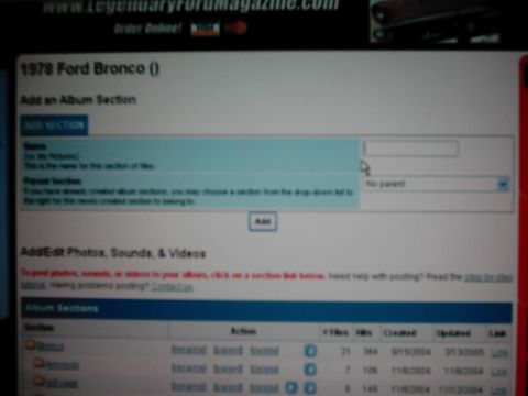 1978 Ford Bronco - A screenshot displays a web page interface for managing an online photo album, with a section labeled '1978 Ford Bronco ()'.
