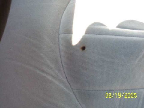 1999 Ford Crown Victoria - A small burn mark is visible on the car seat upholstery, with a date stamp of 03/19/2005.