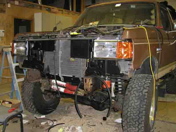 1988 Ford Bronco front end removed, showing engine bay and radiator
