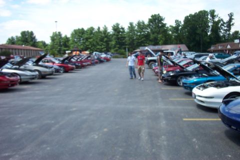 1993 Ford Probe - A row of 1993 Ford Probes are displayed with their hoods open at an outdoor car show.