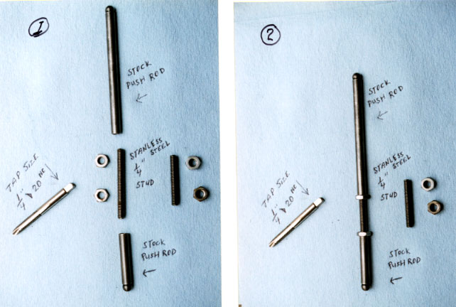 Two labeled photos of pushrod parts, stainless stud, nuts and tap, then the assembled adjustable pushrod