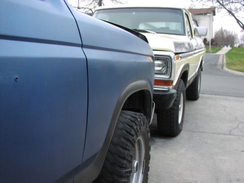 1981 Ford Bronco - Two trucks are parked on a paved surface, with one vehicle partially obscuring the other.