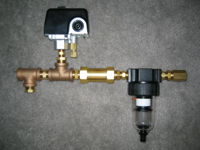 Air compressor pressure switch and filter assembly with brass fittings and a black plastic filter housing