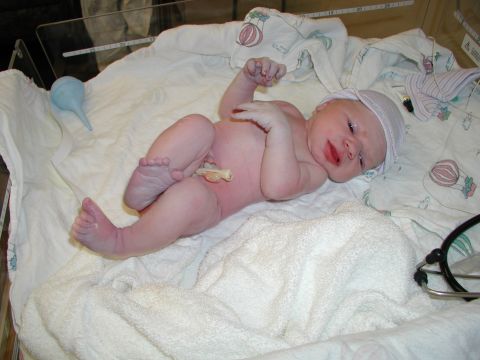 1998 Jeep TJ - A newborn baby lies on a blanket in a hospital bassinet, wearing a cap and with umbilical cord still attached.
