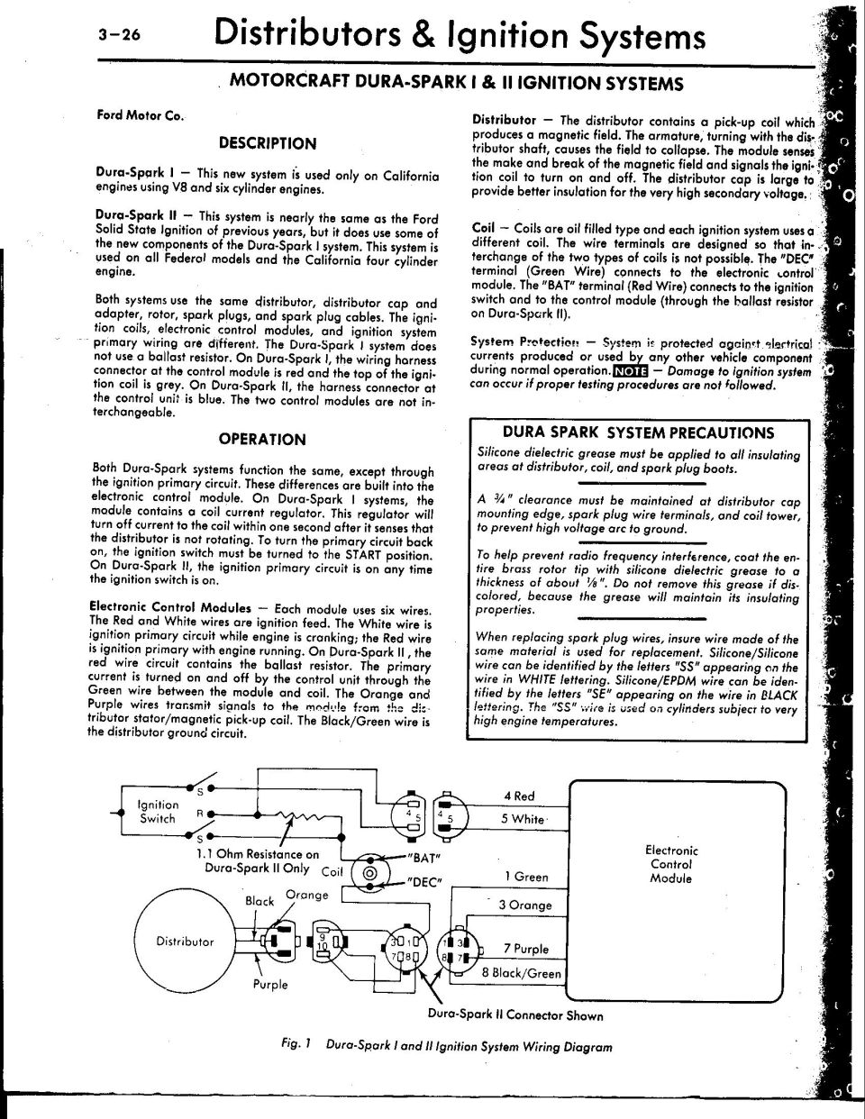Ford Motorcraft Dura-Spark I and II ignition system description, operation and connector wiring