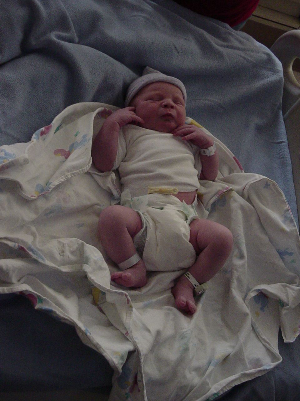 Newborn baby wearing a hat and diaper, wrapped in a blanket