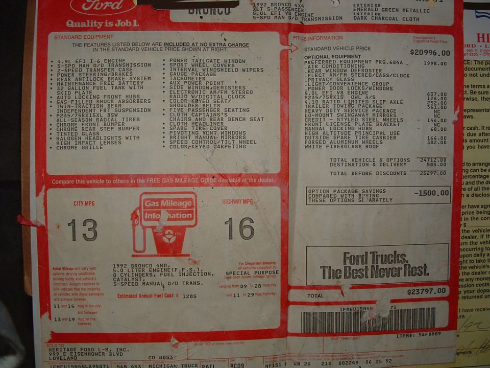 1992 Bronco 4x4 window sticker with 5.0L EFI V8, 5-speed manual O/D, options list and 13/16 MPG label