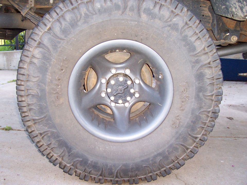 close-up of a truck's wheel and tire