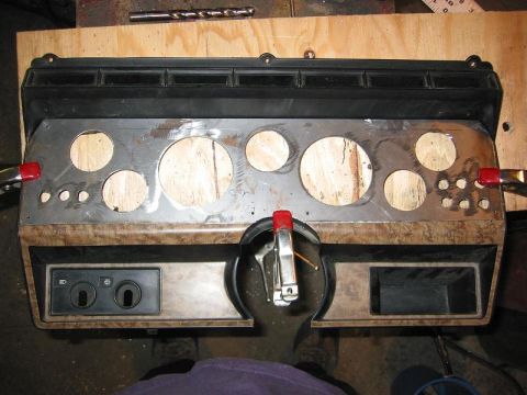 1985 Ford Bronco - New guage panel cut, and drilled test fitting on original panel. Holds 2 - 3-3/8 gauges 5 - 2-1/16 guages 7 - 1/2" switches (on-off) 1 - 1/…