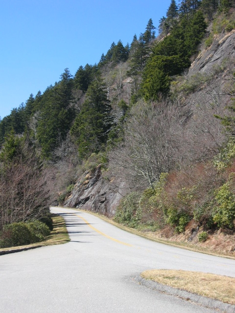 1985 Ford LTD Crown Victoria - A paved road curves through a mountainous landscape with dense trees and a sheer rock face.