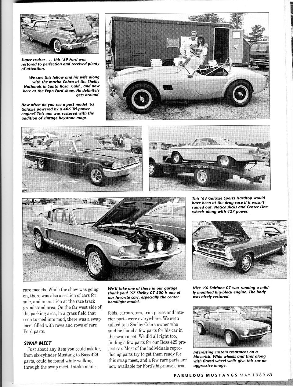 Magazine page of Ford show photos: '59 Ford, Shelby Cobra, '63 Galaxies, '67 Shelby GT 500, '66 Fairlane GT, Maverick